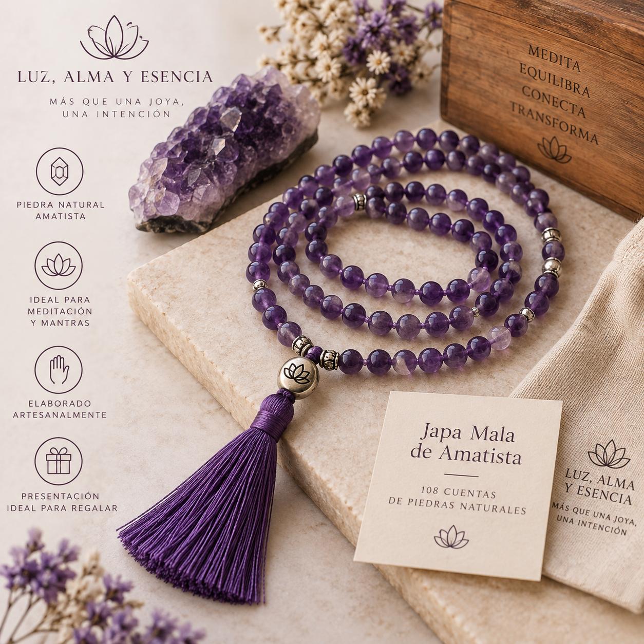 Japa Mala de Amatista - 108 cuentas de piedras naturales