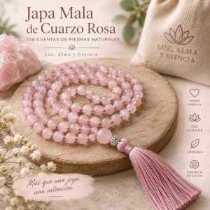 Japa Mala de Cuarzo Rosa - 108 cuentas de piedras naturales