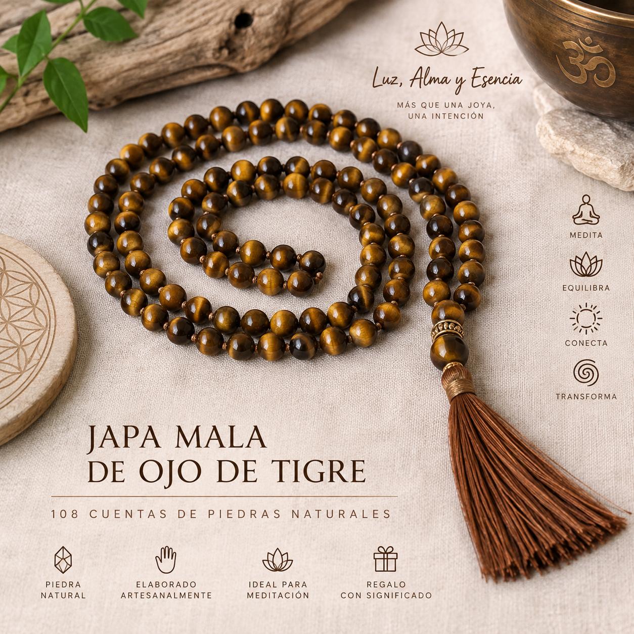 Japa Mala de Ojo de Tigre - 108 cuentas de piedras naturales